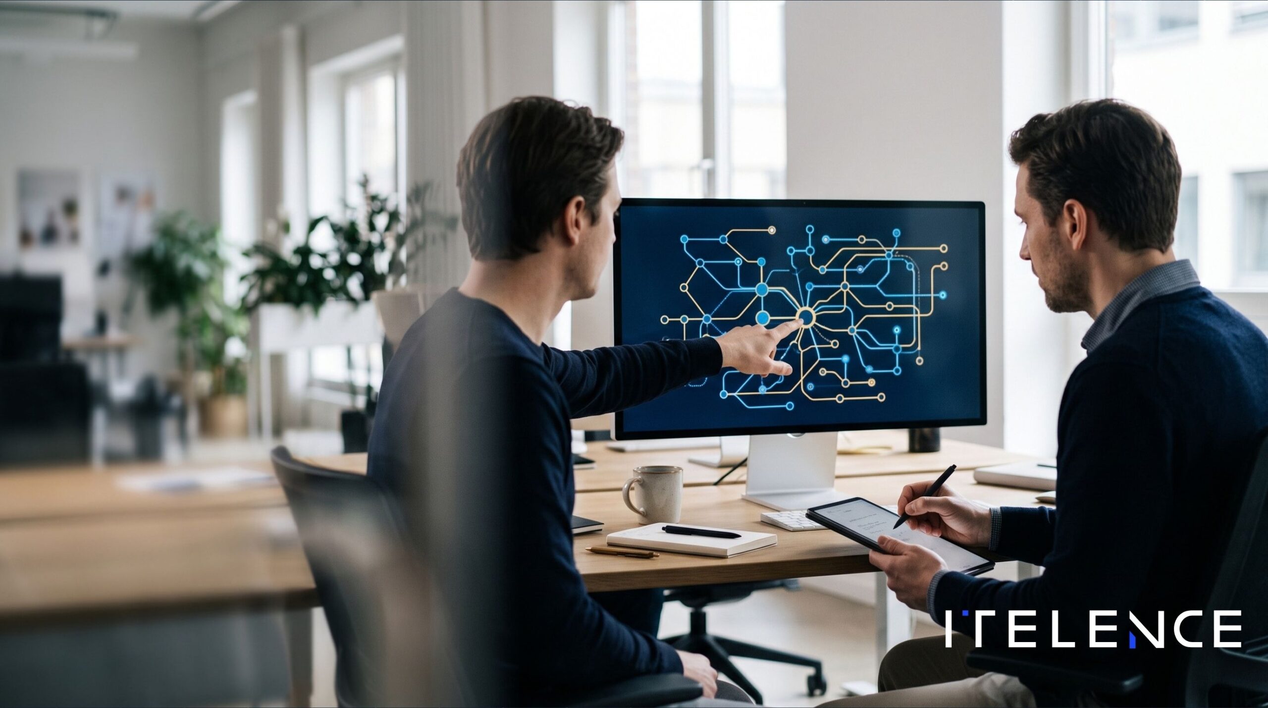 Two colleagues reviewing a data model lineage diagram on a monitor in a modern office