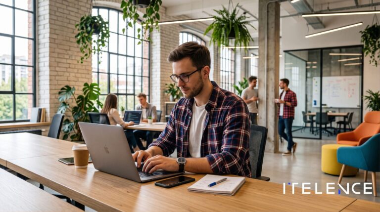 Power BI dashboard on a laptop with a second person reviewing the data model beside the original consultant